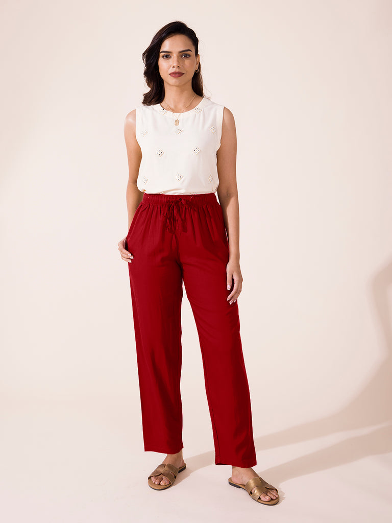 Solid Bright Red Pants for Women Online