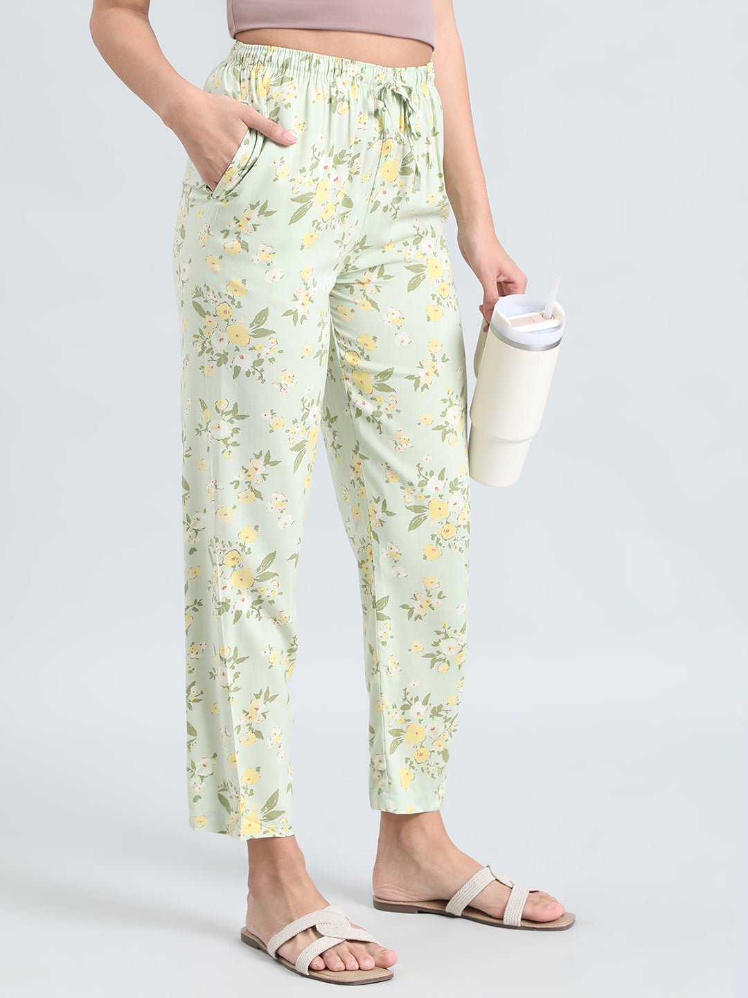 Light Green Woven Viscose Printed Lounge Pants