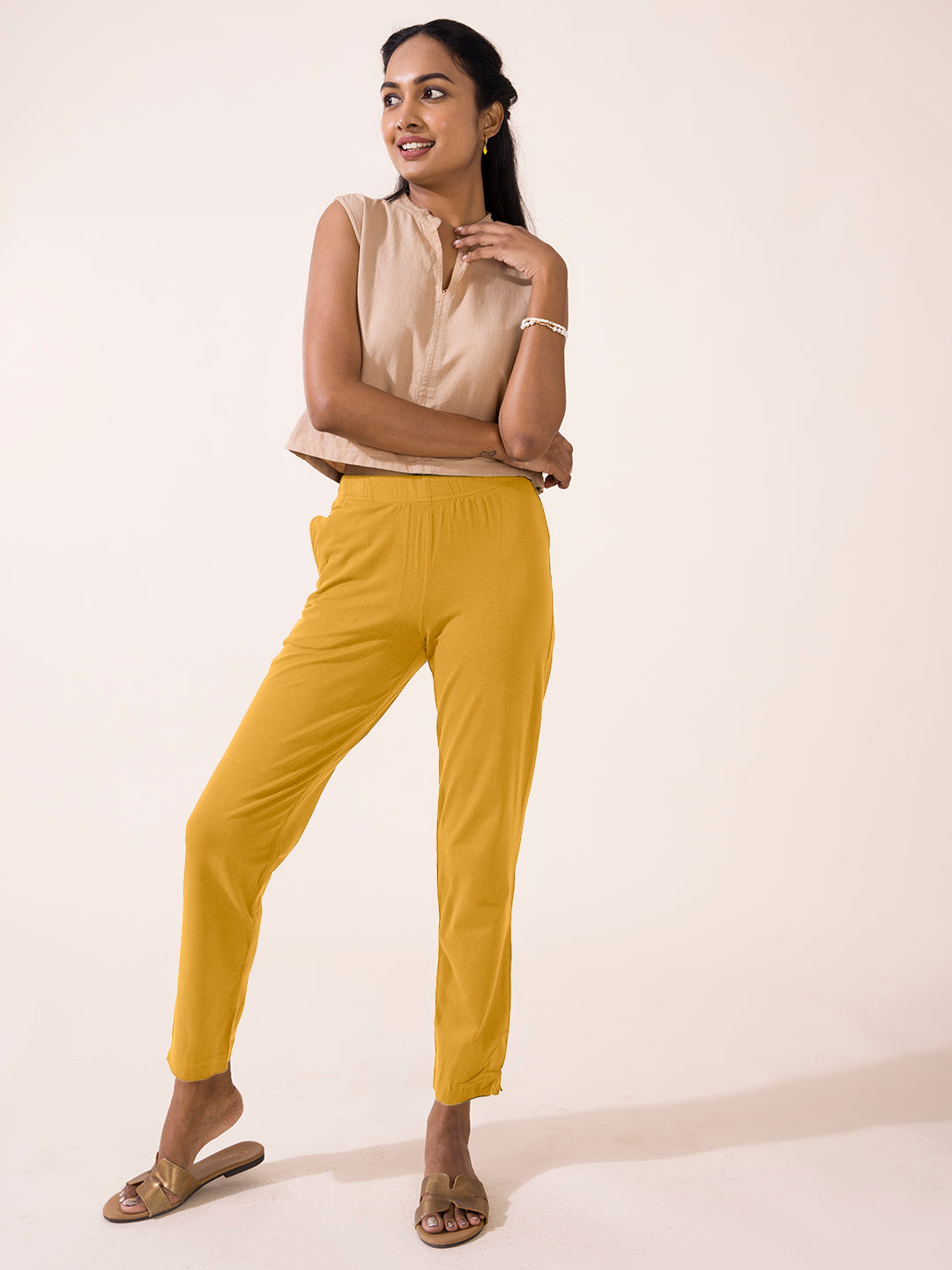 Women's Yellow & Red Cotton Trousers & Pants