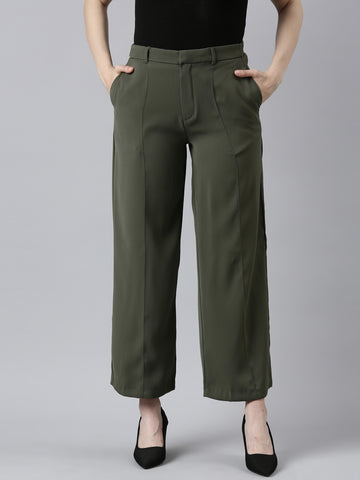 Women Solid Olive Green High Rise Crepe Wide Pant