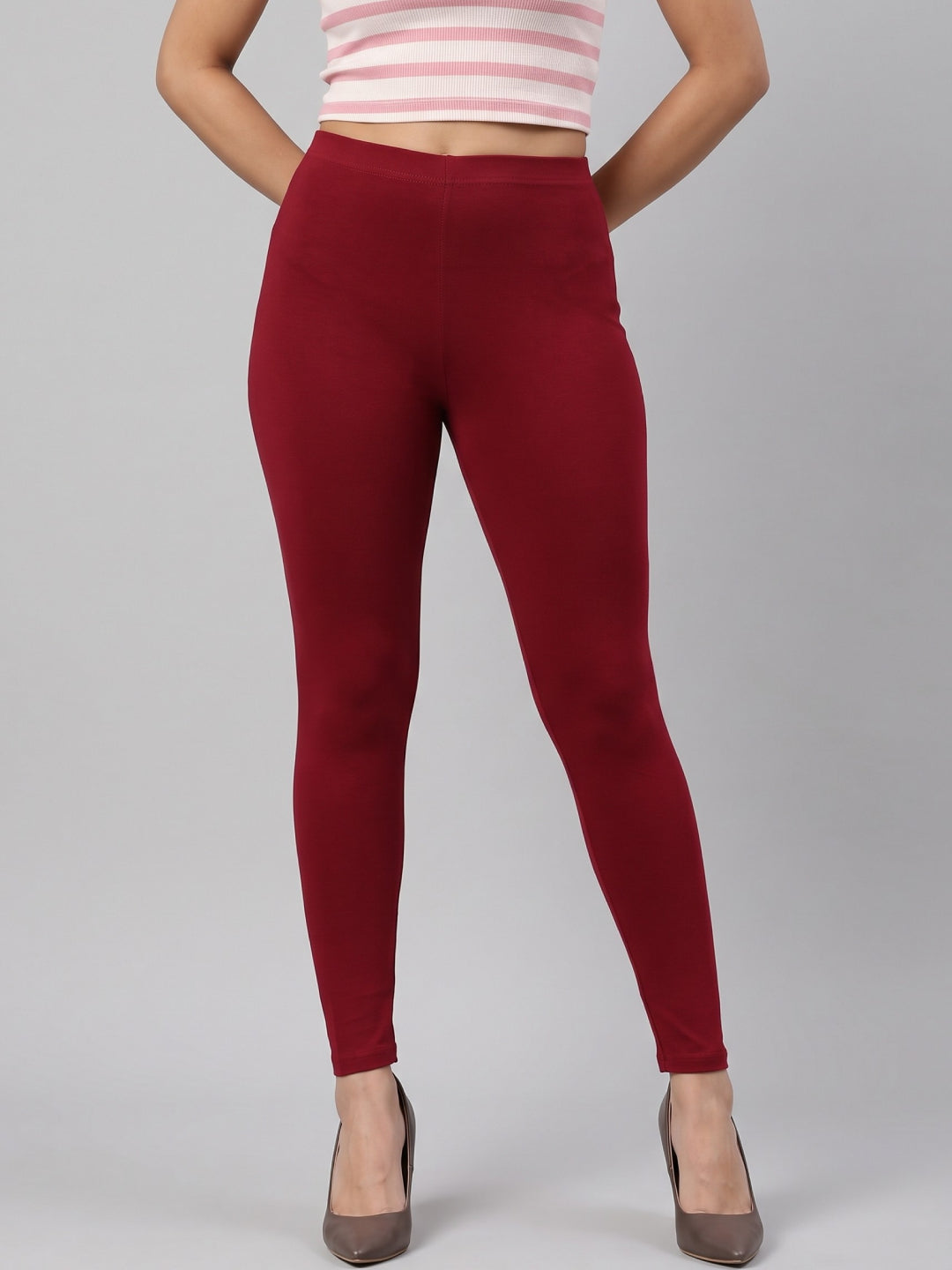 Bright Red Cotton Stretch Ankle Length Leggings