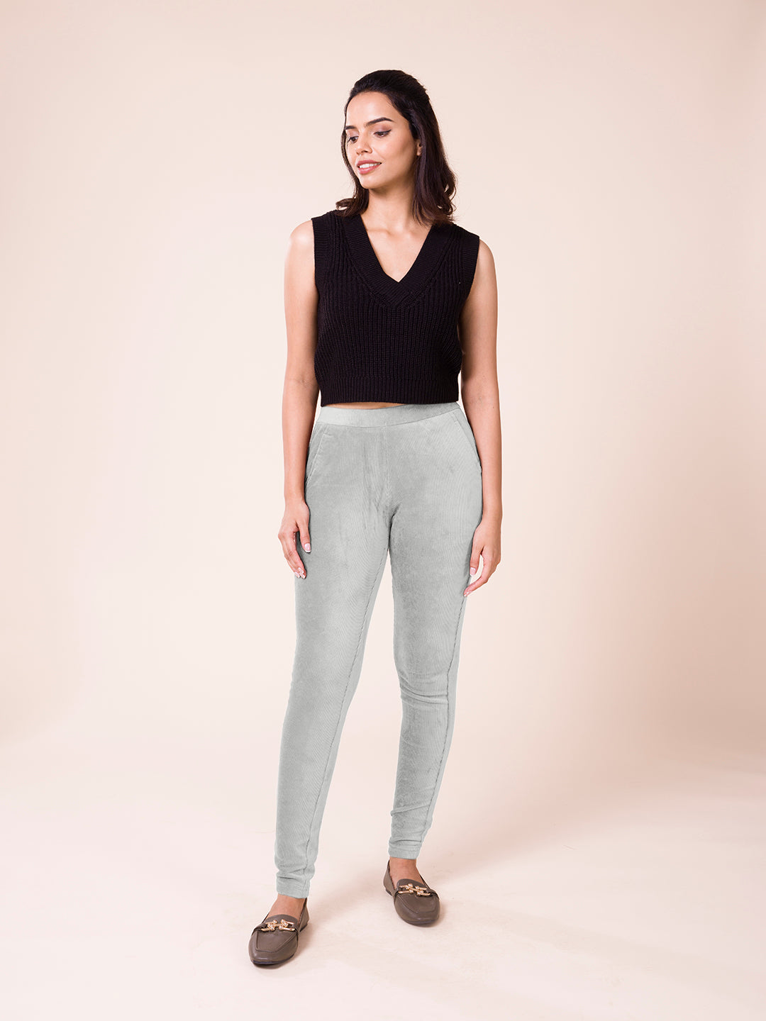 Ebony Grey Cotton Polyester Corduroy Jeggings