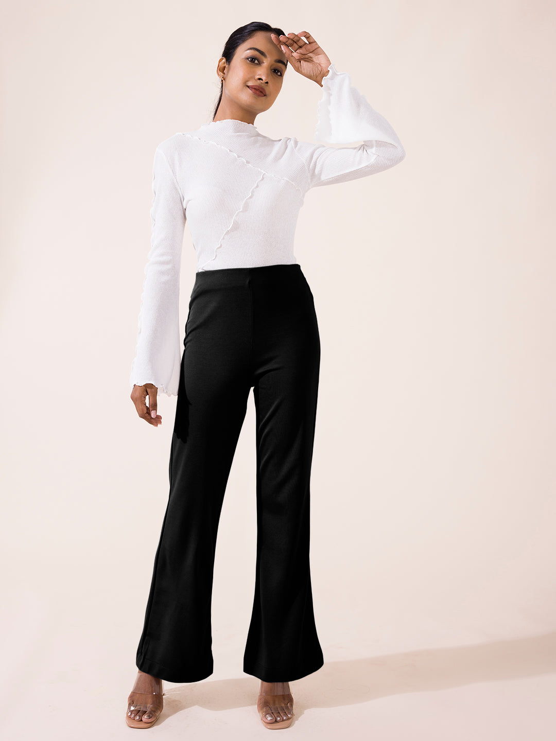 Women Solid Black High Rise Ponte Bell Bottoms