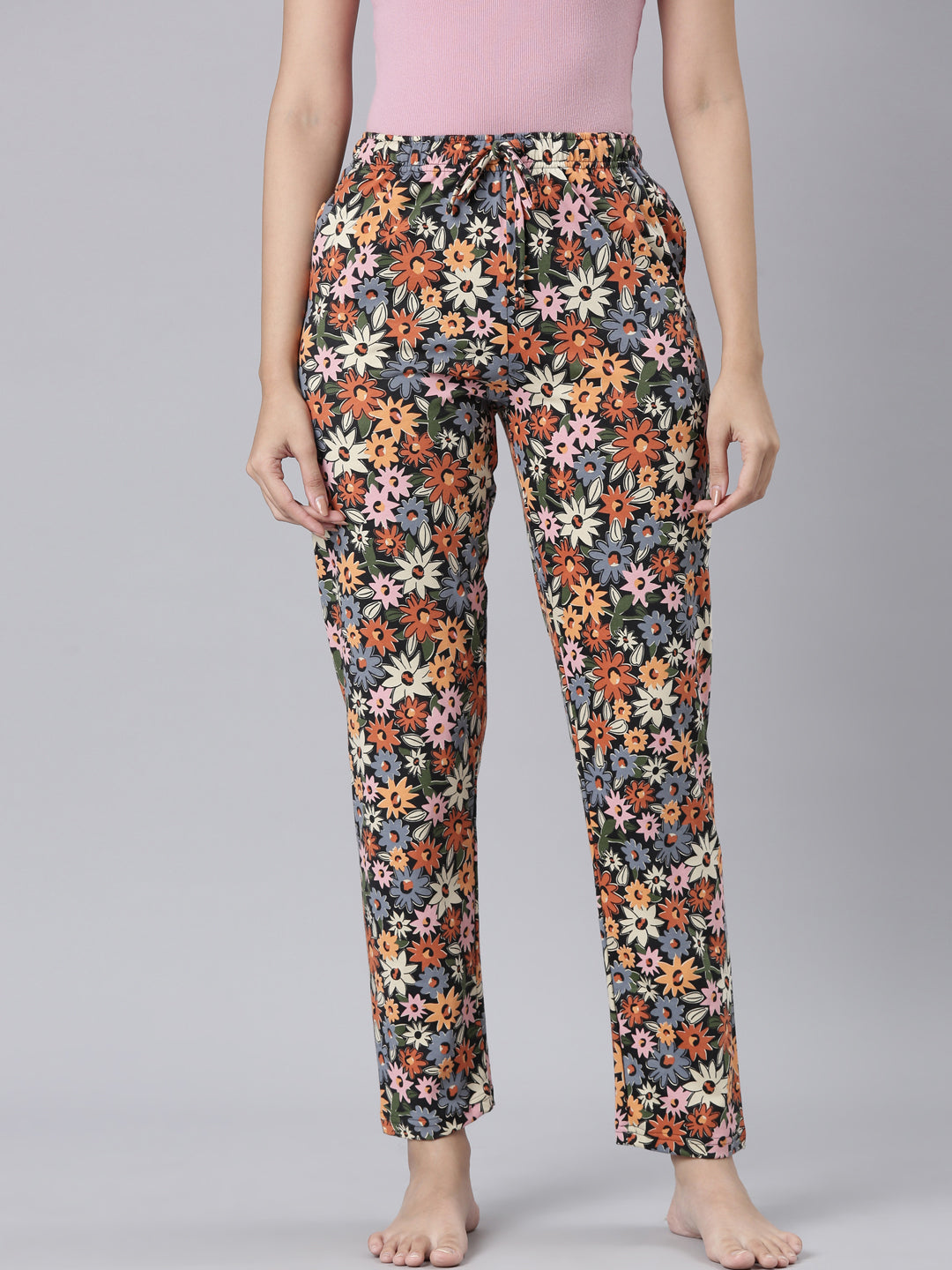 Black Cotton Knit Printed Lounge Pants