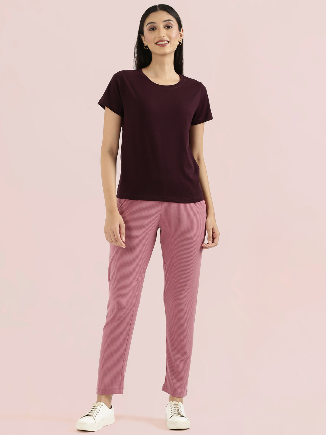 Mauve Drop Needle Fabric Casual Rib Pant
