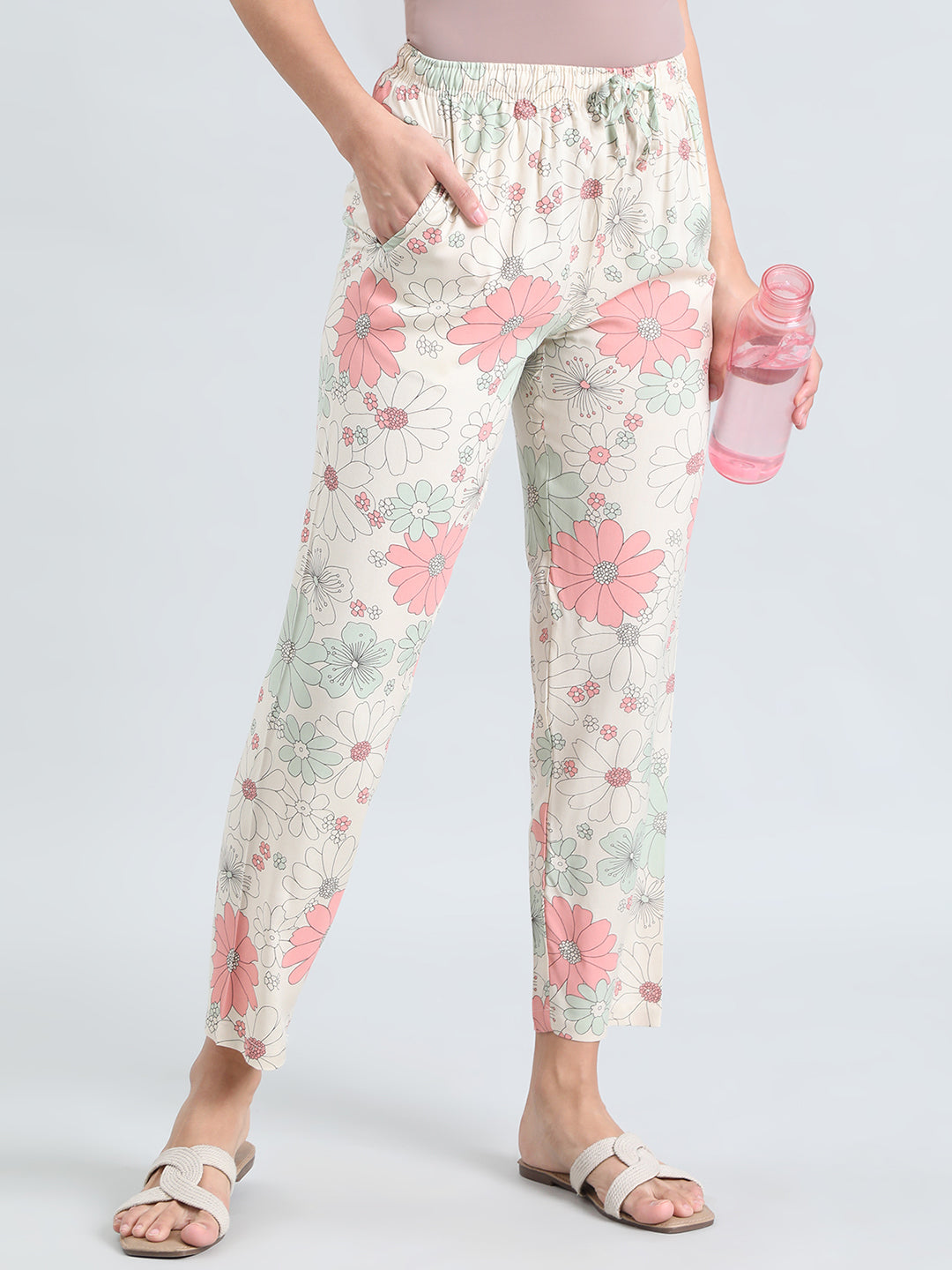 White Woven Viscose Printed Lounge Pants