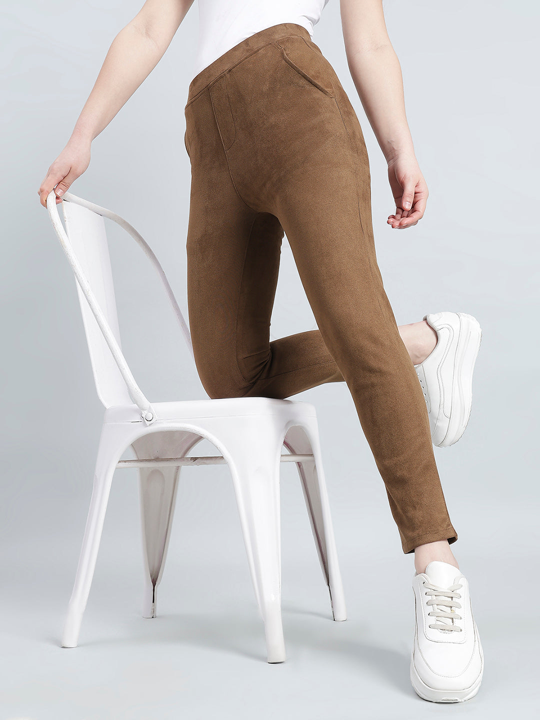 Brown Poly Stretch Suede Tregging