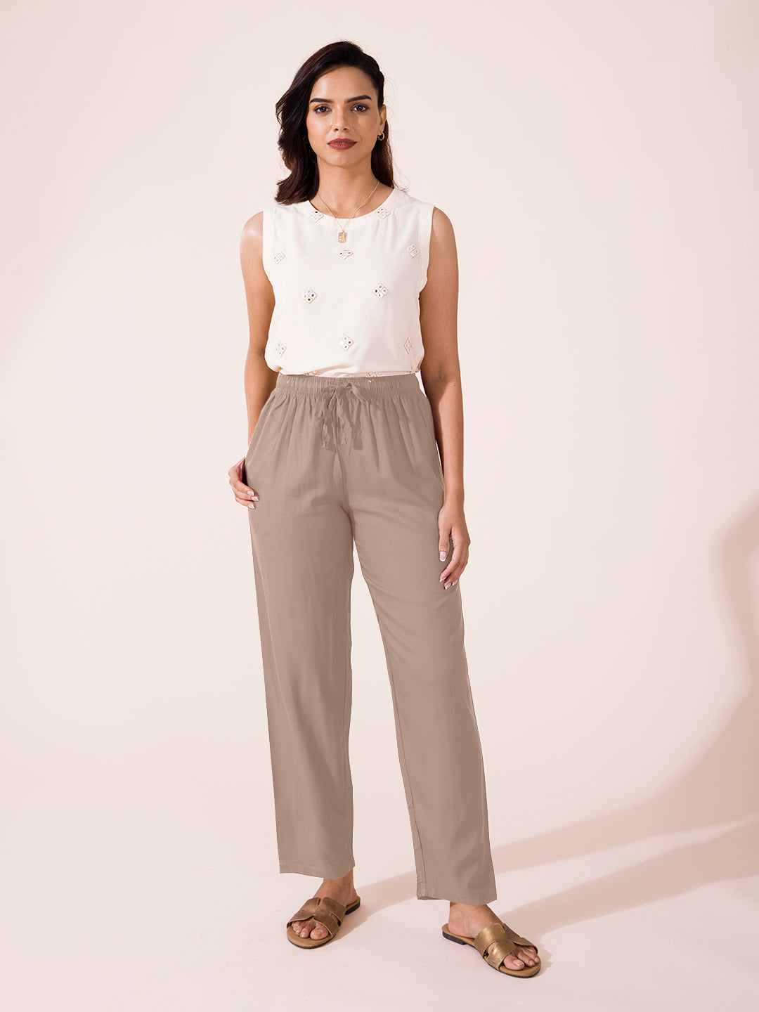 Beige Woven Viscose Casual Pants