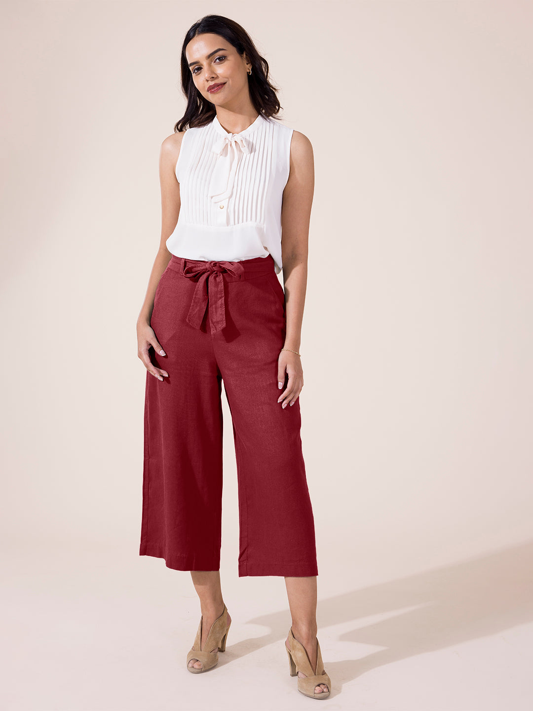 Bright Maroon Linen Blend Culottes