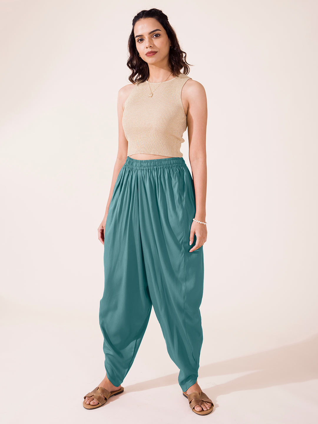 Teal Woven Viscose Harem Dhoti Pant