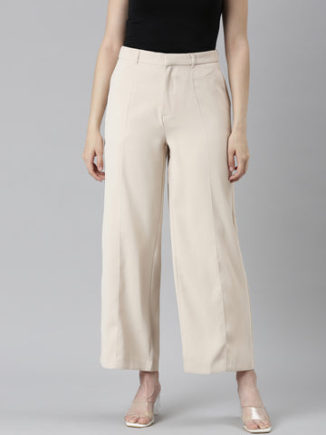 Women Solid Beiges High Rise Crepe Wide Pant