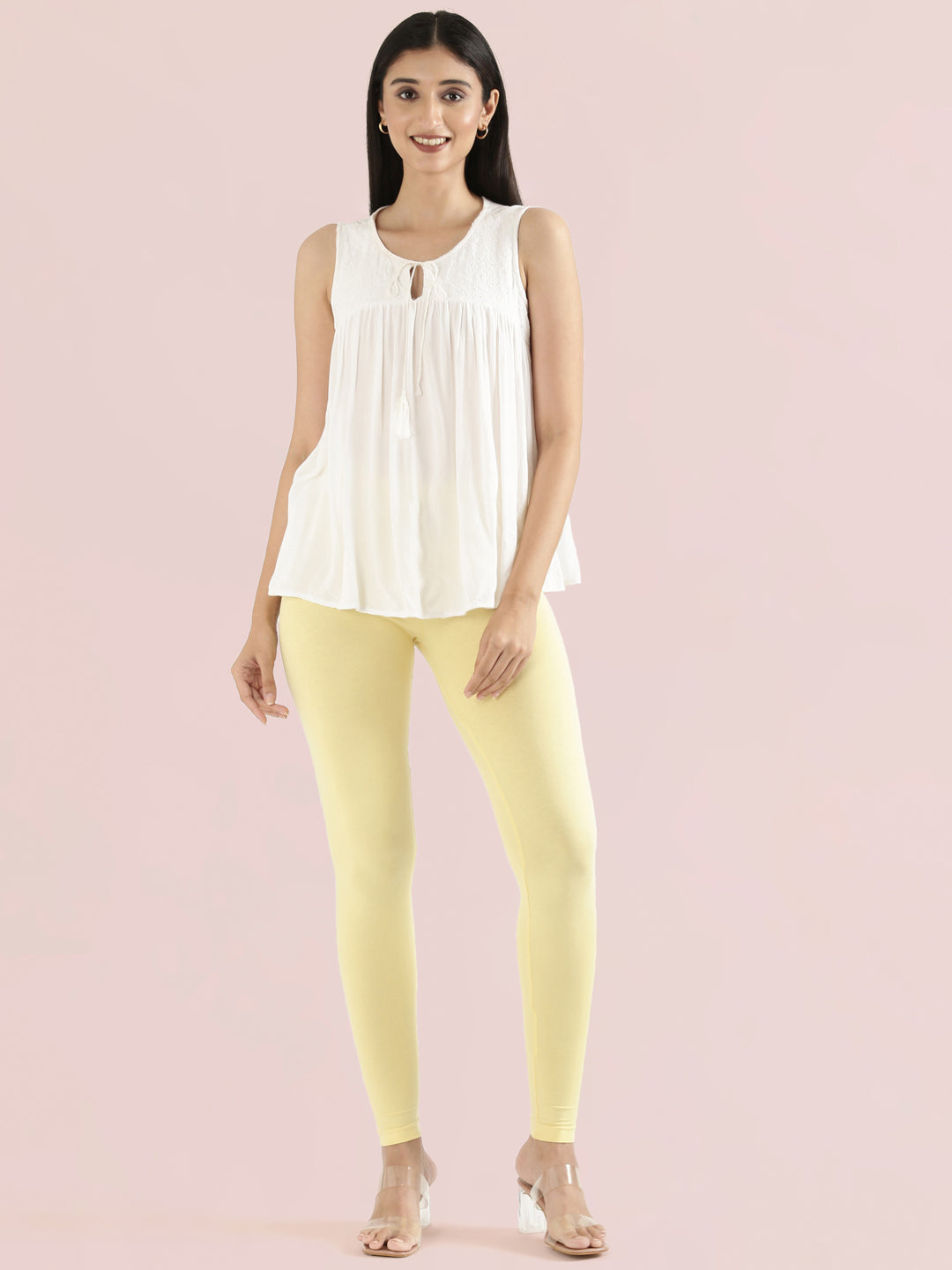 Butter Yellow Cotton Stretch Ankle Length Leggings