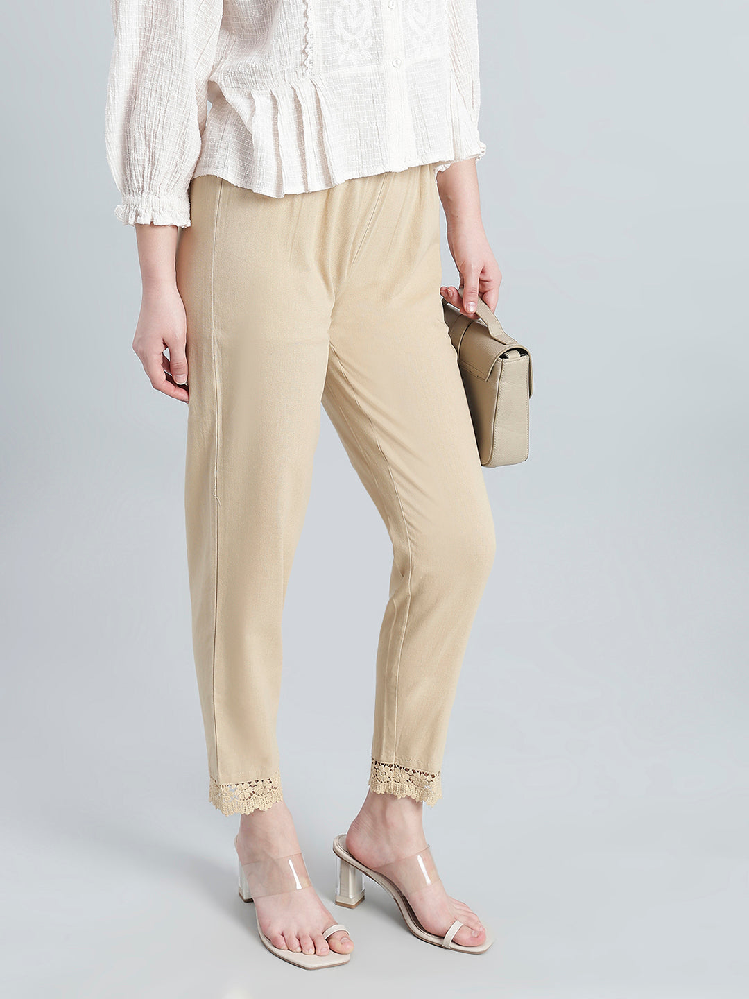 Light Beige 100% Cotton Lace Pencil Pant
