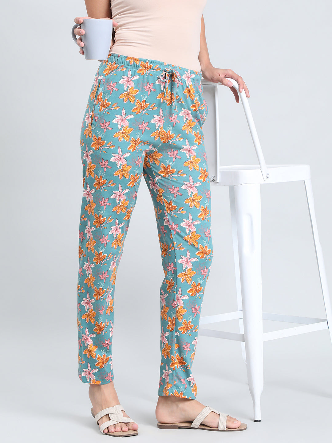 Green Cotton Knit Printed Lounge Pants