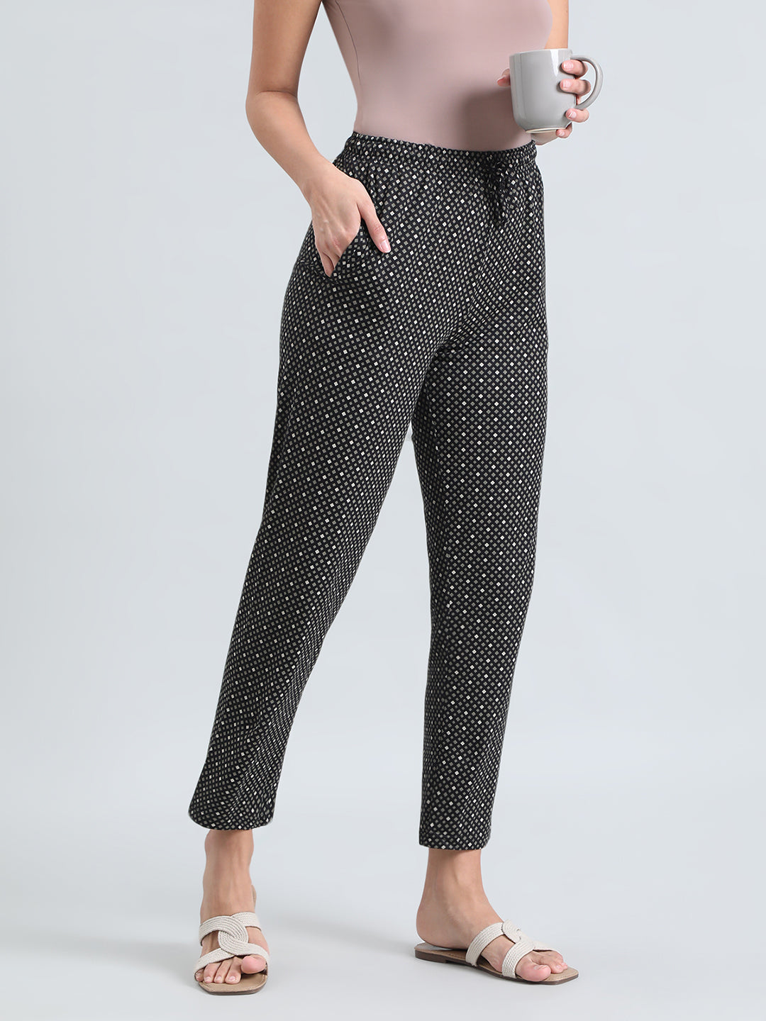 Black Cotton Knit Printed Lounge Pants