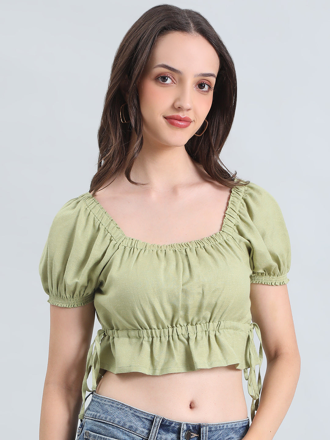 Linen Blend Square Neck Cropped Gathered Blouse