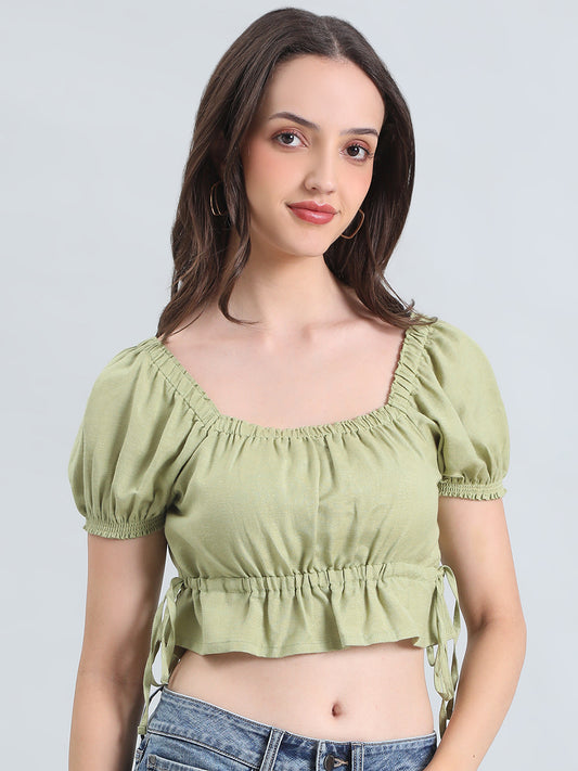 Linen Blend Square Neck Cropped Gathered Blouse