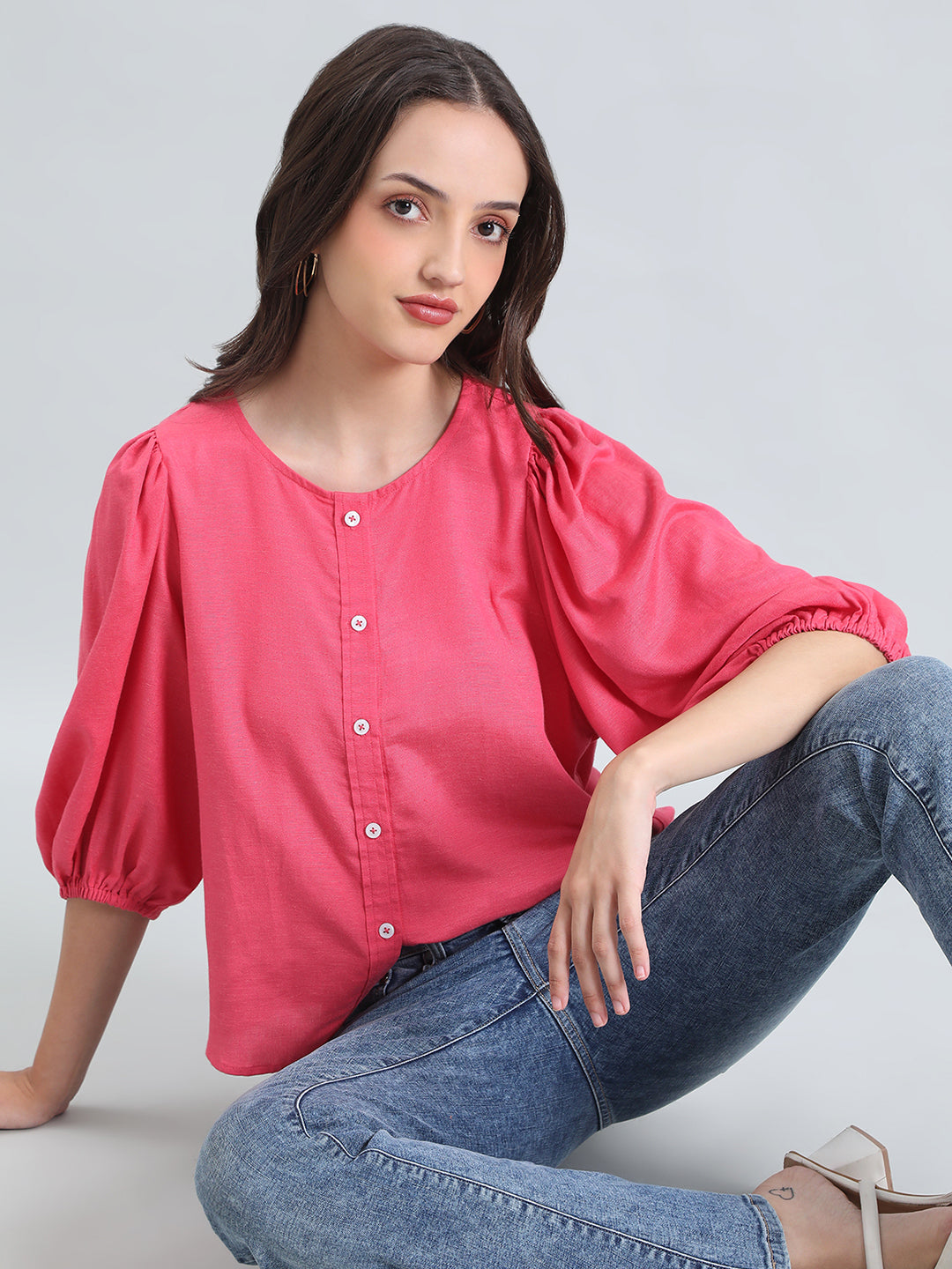 Linen Puff Sleeve Crew Neck Shirt