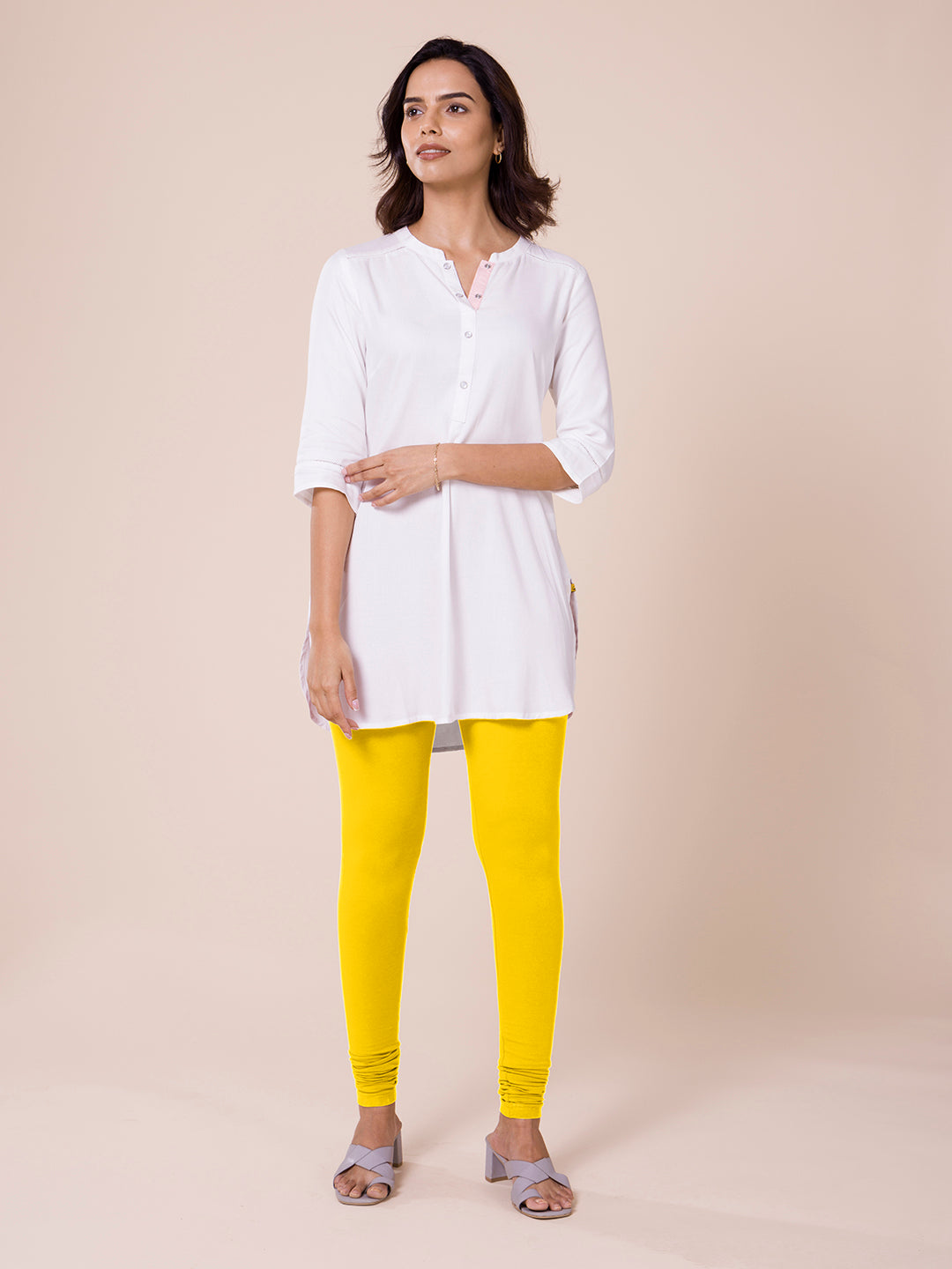 Mid Waist Lemon Yellow Viscose Churidar Leggings, Casual Wear