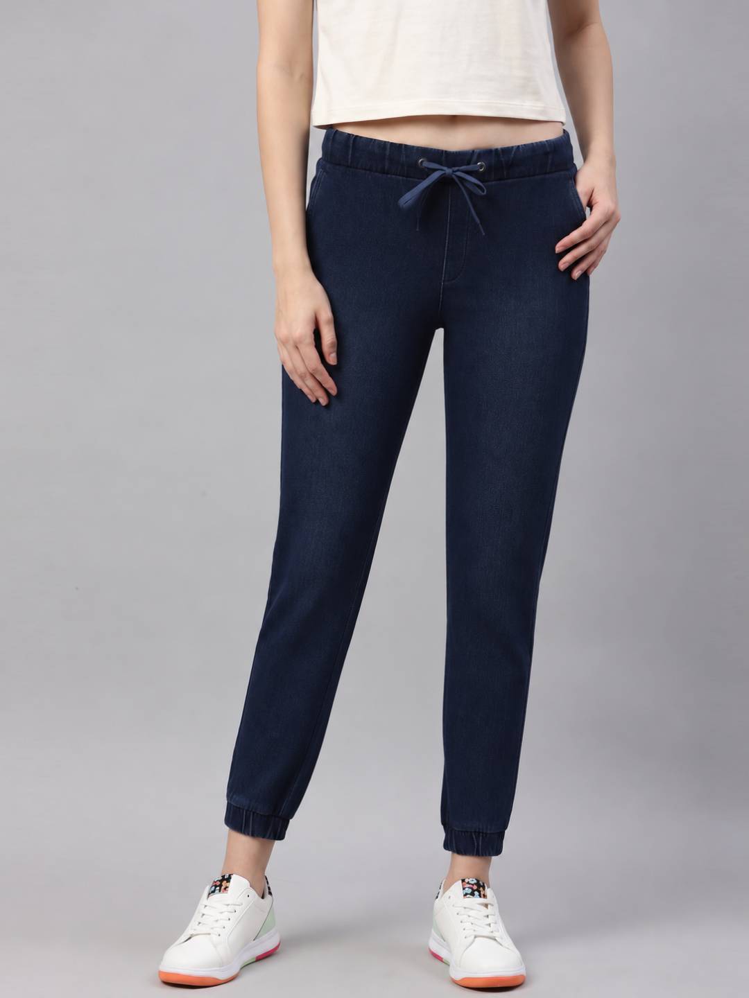 Blue Cotton Poly Stretch Denim Joggers