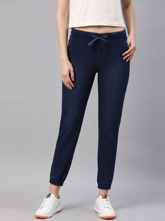 Blue Cotton Poly Stretch Denim Joggers