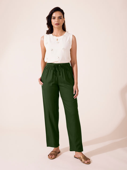 Olive green linen casual look palazzo pant - G3-WFP38