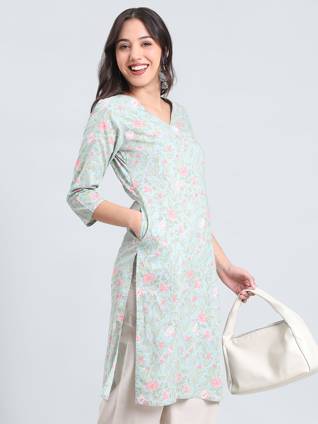 Cotton Floral Block Print Straight Kurta