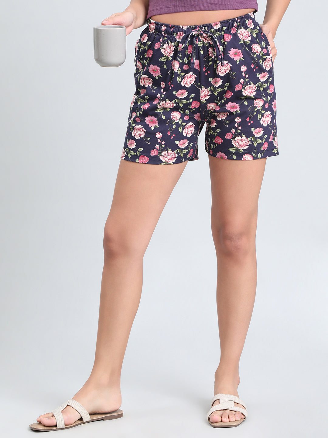 Navy Cotton Knit Printed Lounge Shorts