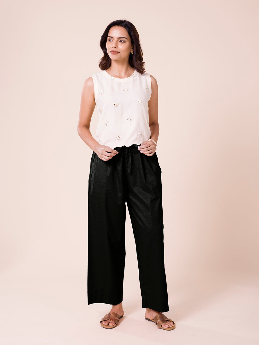 Black Cotton Wide Leg Pants