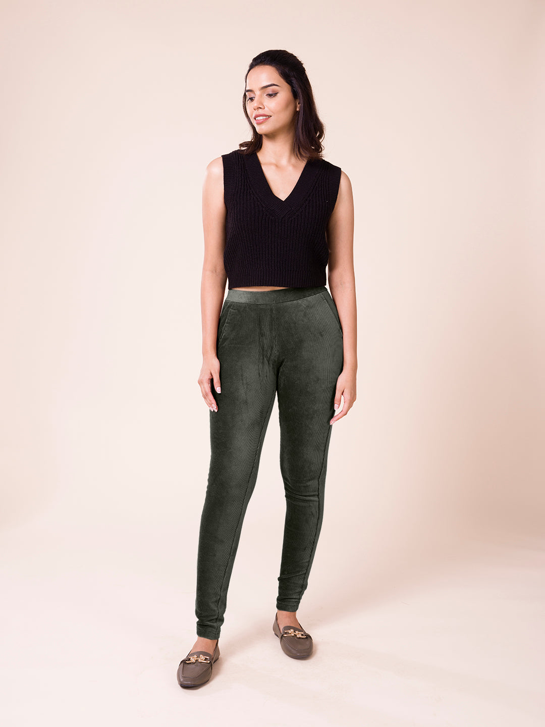 Olive Green Cotton Polyester Corduroy Jeggings