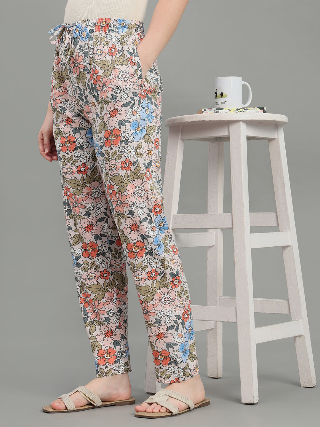 White Woven Viscose Printed Lounge Pants