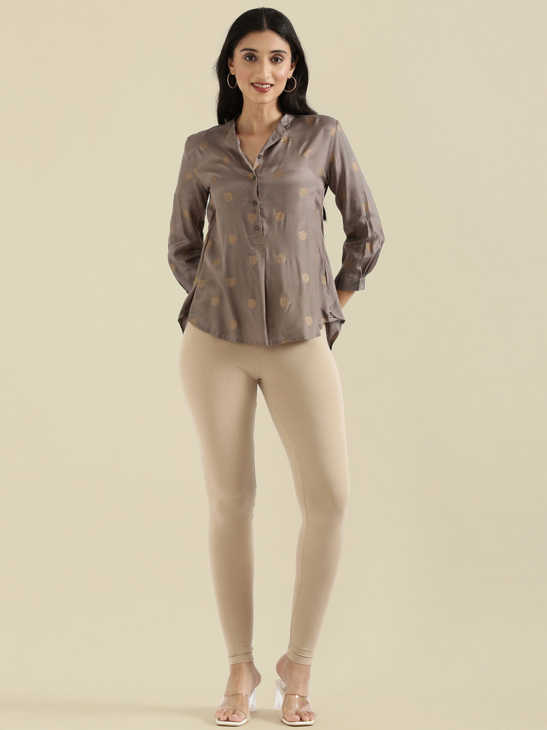 Dark Beige Cotton Stretch Ankle Length Leggings