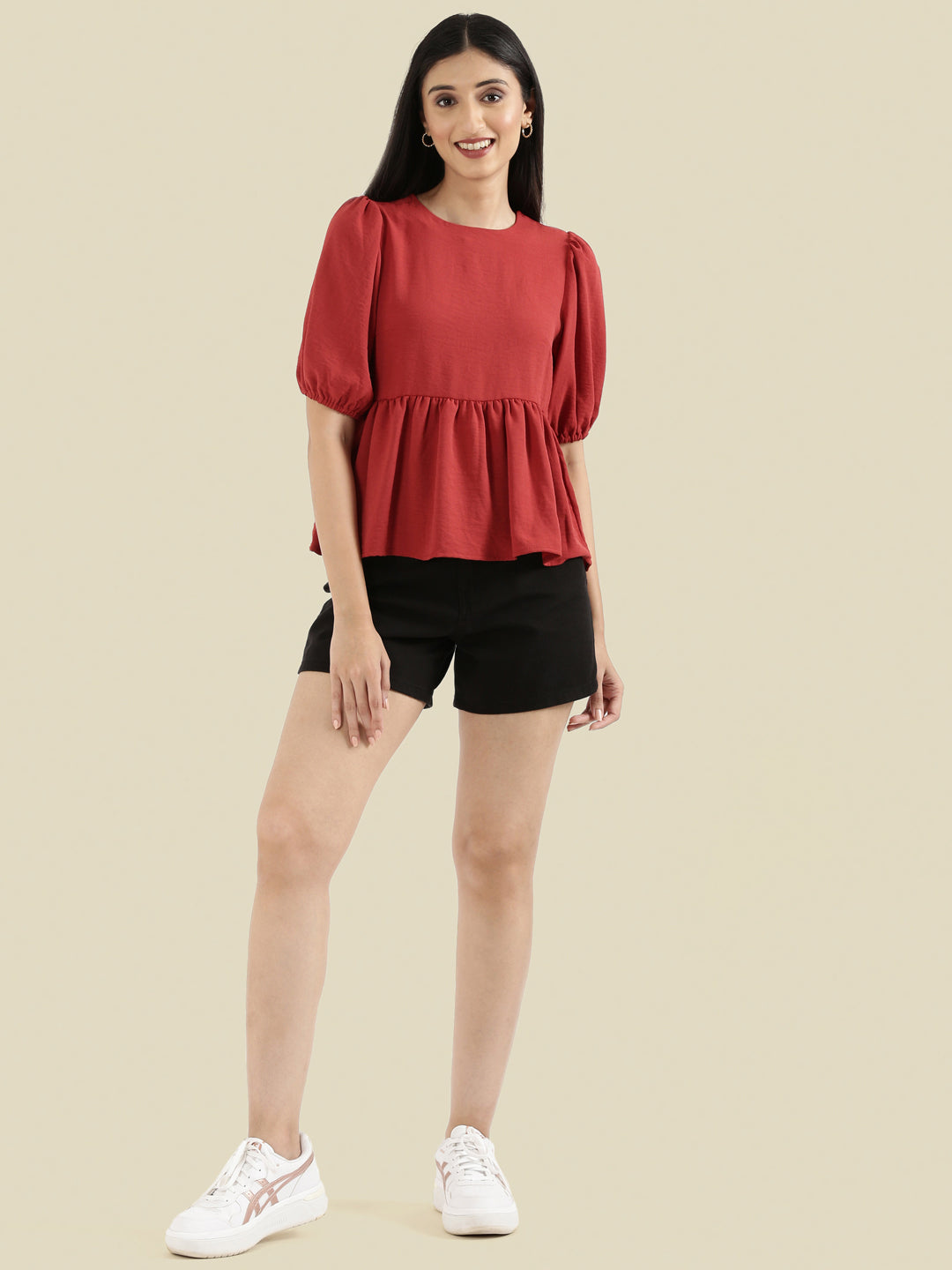 Hammered Crew Neck Peplum Top