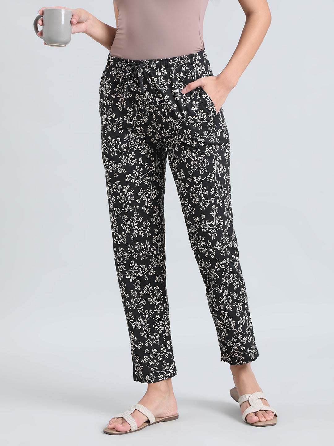 Black Cotton Knit Printed Lounge Pants