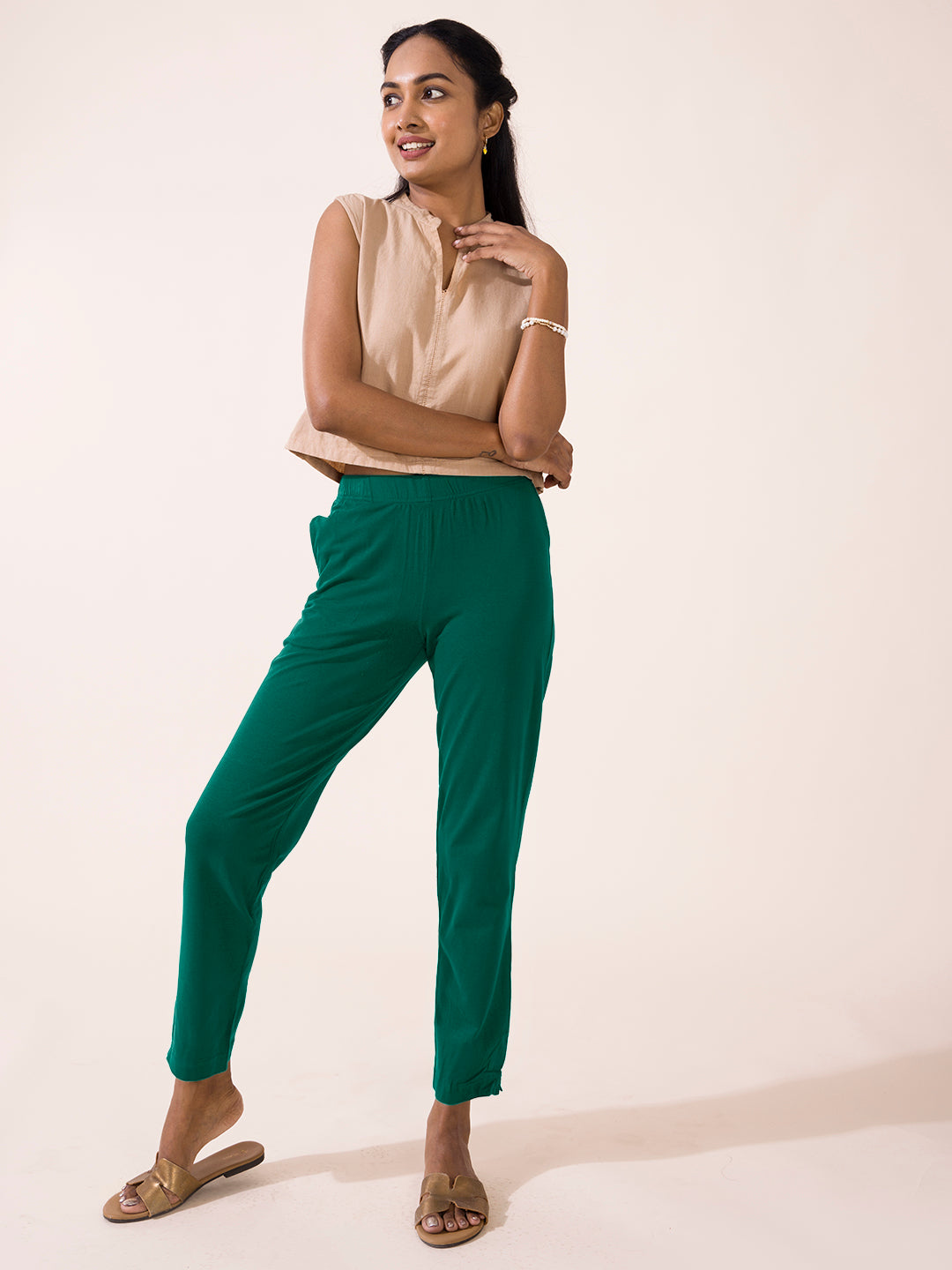 Bottle Green Cotton Stretch Kurti Pants