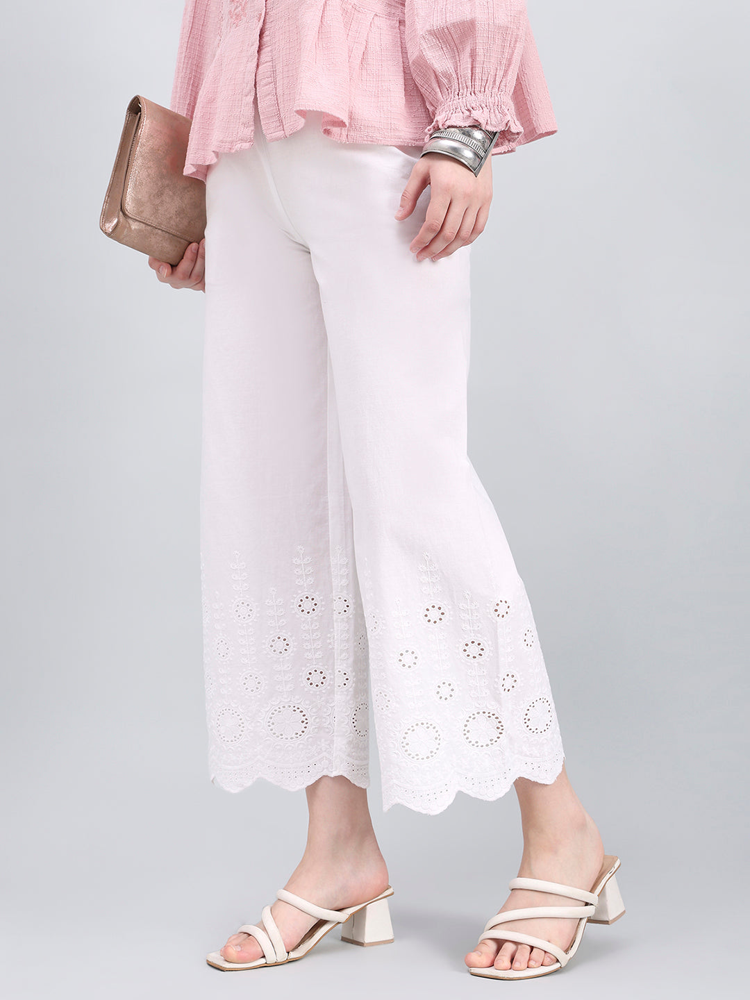 White 100% Cotton Embroidered Wide Pant
