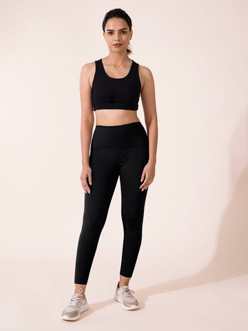 Women Solid Black Nylon Fitness Tights