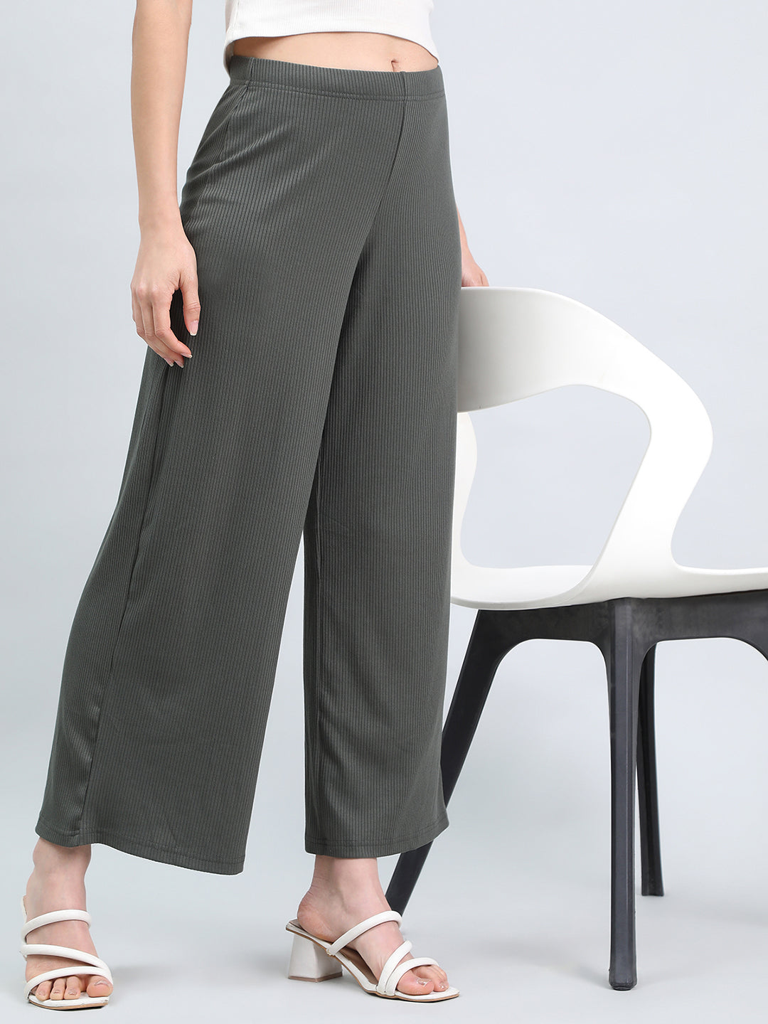 Olive Green Drop Needle Fabric Rib Palazzo