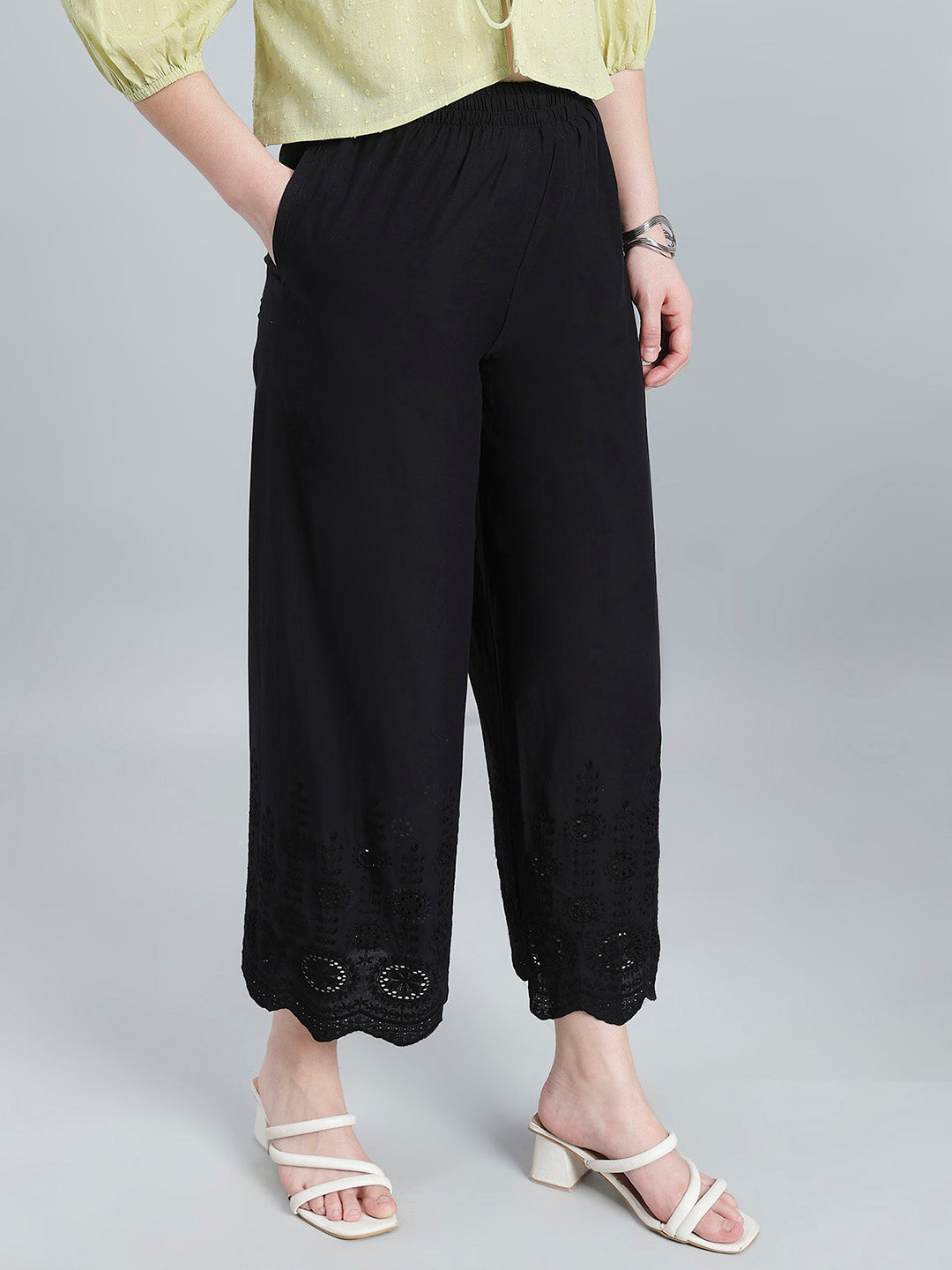 Black 100% Cotton Embroidered Wide Pant