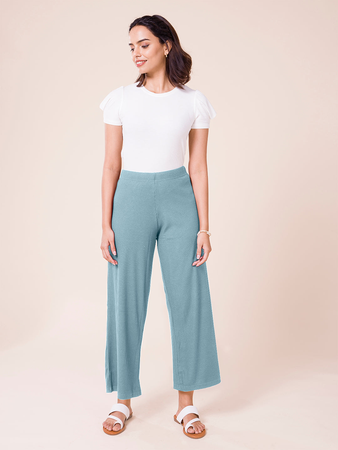Women Solid Dusty Blue Mid Rise Ribbed Palazzos
