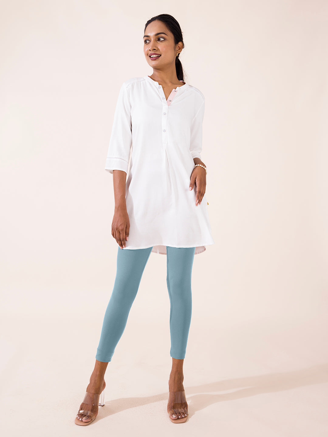 Buy Go Colors Women Light Blue Solid Stretch Leggings Online at