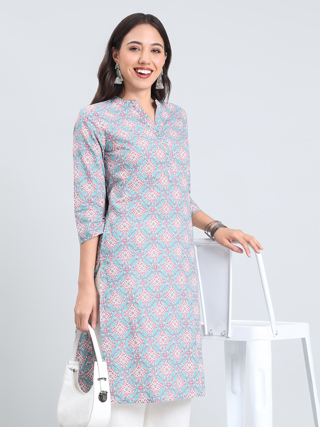 Cotton Geometric Print Straight Kurta