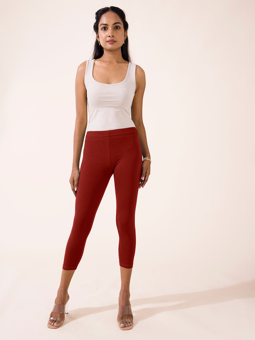 Rust Ribbed Tights Women Solid Dark Rust Cotton Cropped Leggings