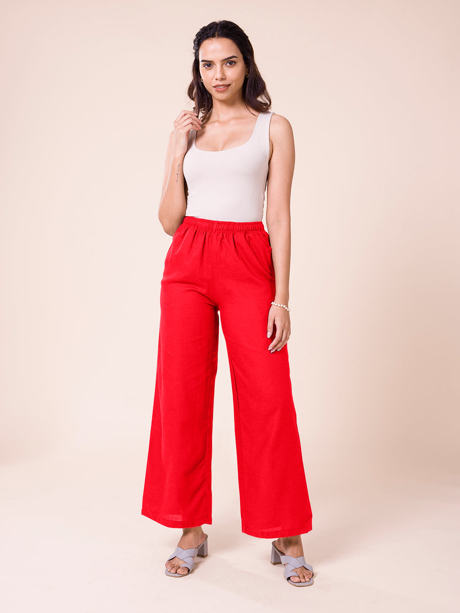 Buy Women's Dark Red Solid Linen Palazzos - GoColors