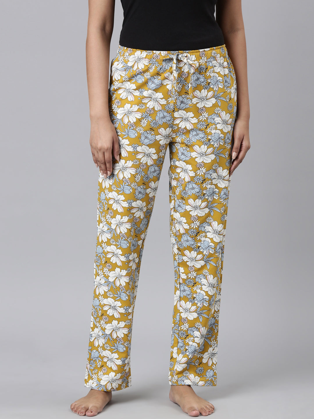 Women Printed Yellows Cotton Knit Lounge Pants