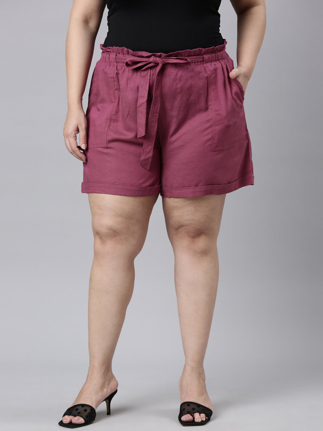 Plum Linen Viscose Blend Shorts