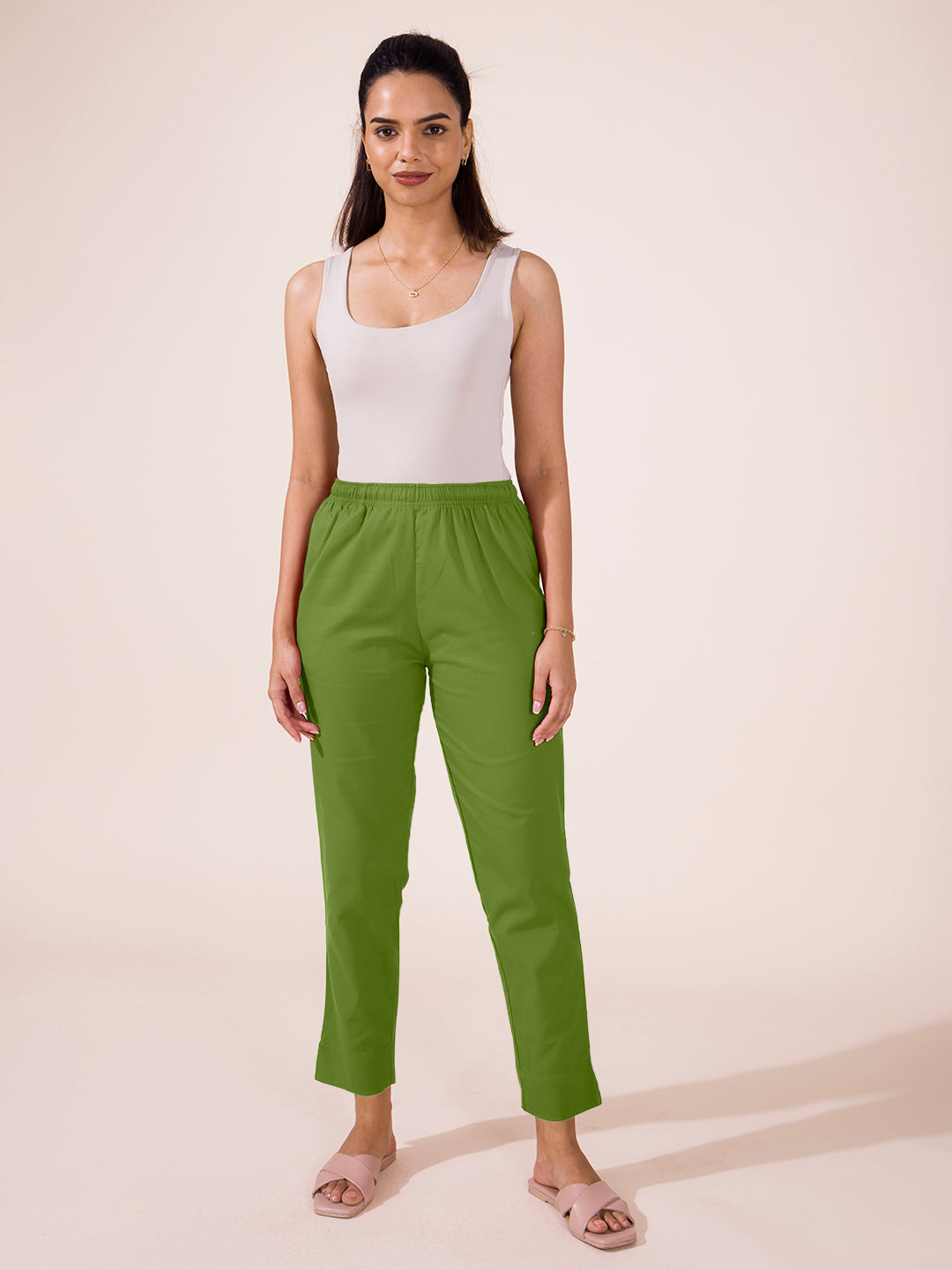 Buy Go Colors Women Solid Pista Green Cotton Pencil Pant online