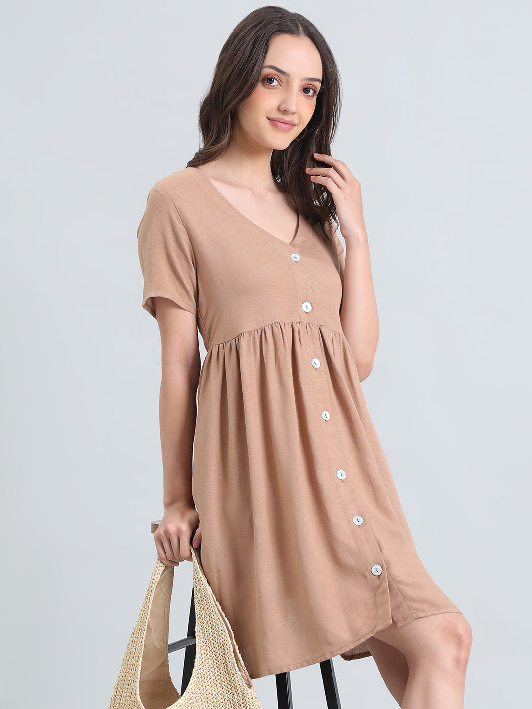 Linen V-Neck Regular Fit Short Dress