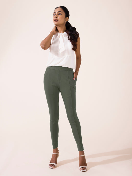 Women Solid Olive Green Ribbed Leggings