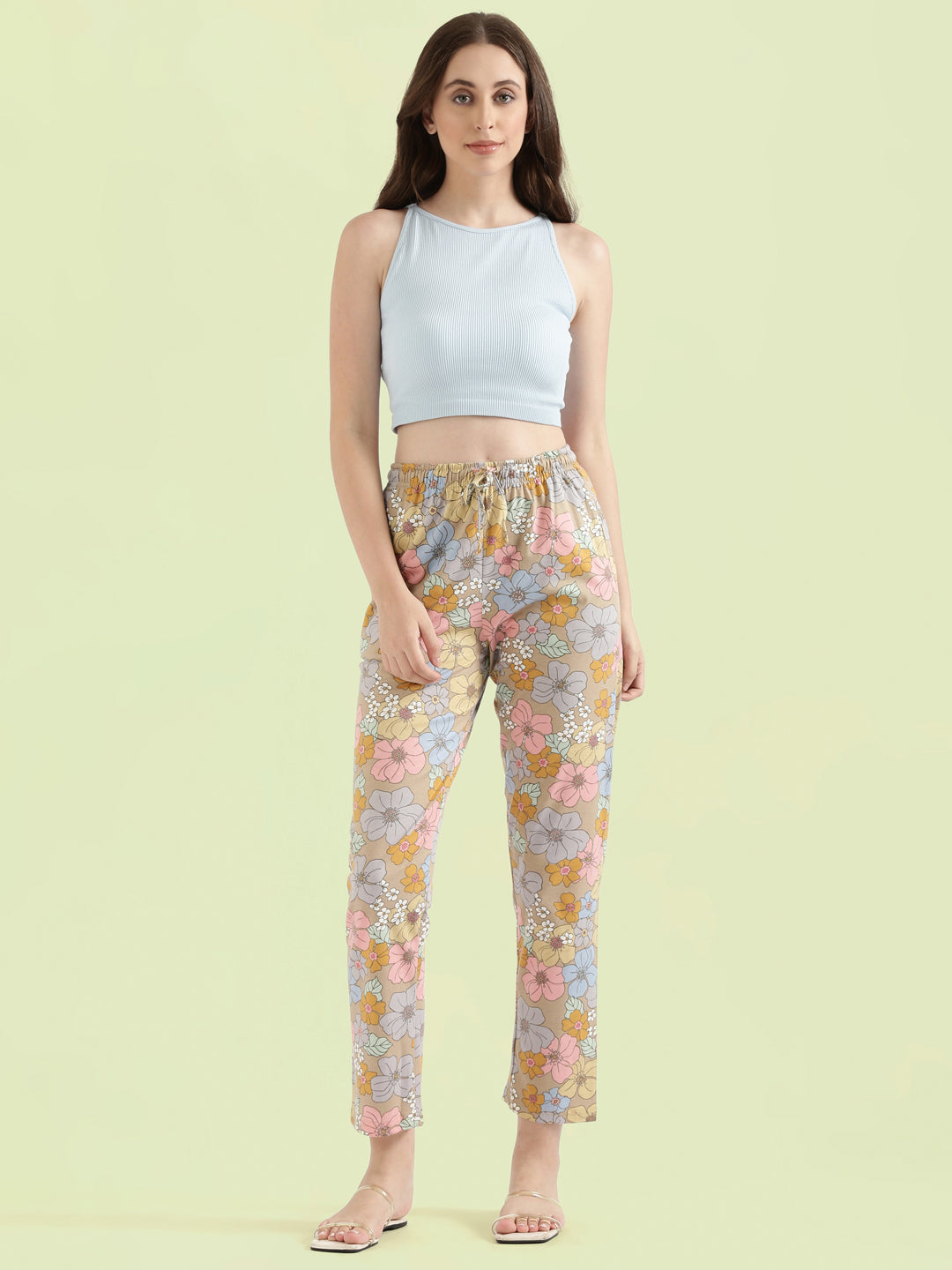 Beige Cotton Knit Printed Lounge Pants